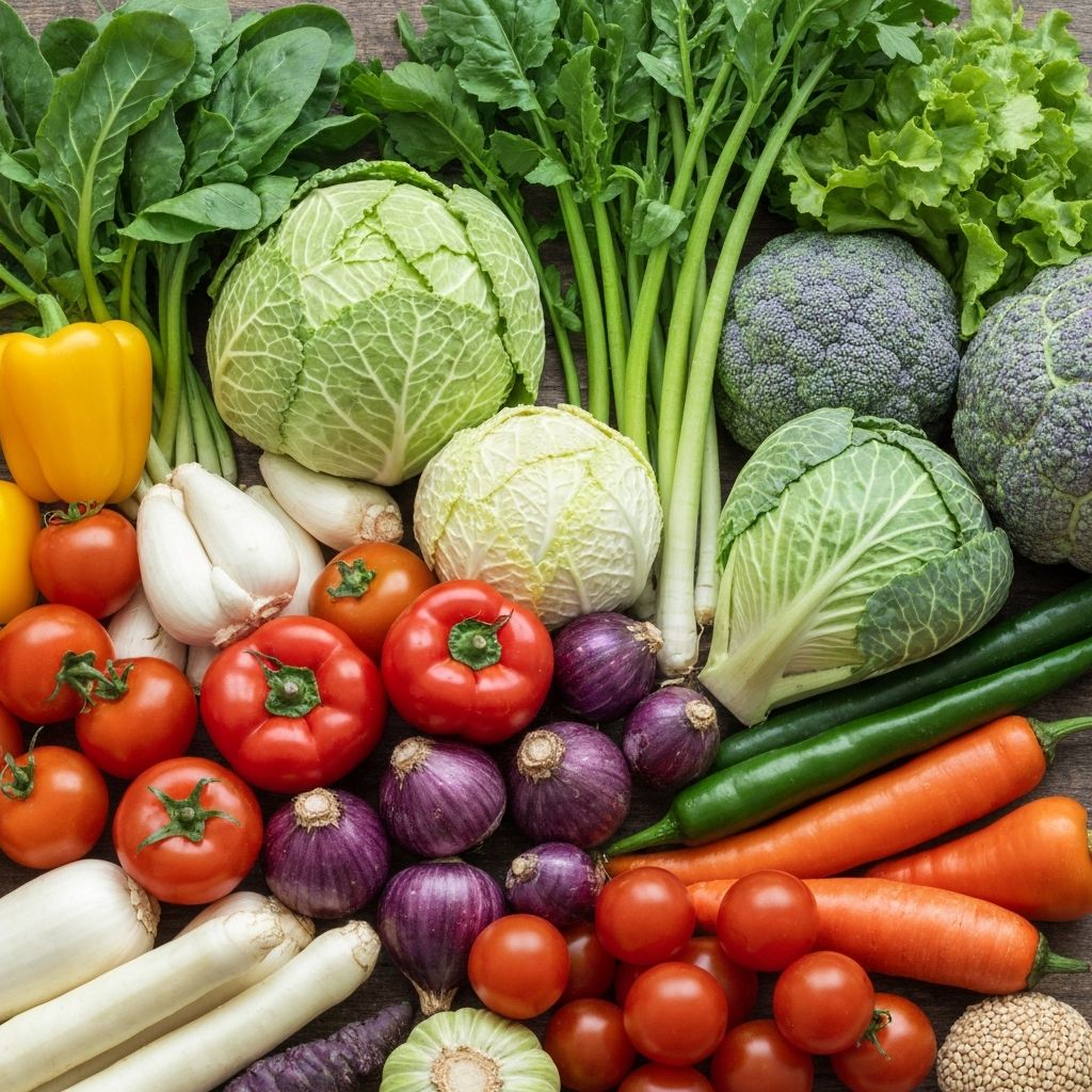 Variety of fresh vegetables and foods